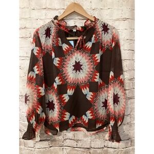 LOFT Top Womens Medium Petite Chocolate‎ Brown Navajo Aztec Ruffle Chiffon Tie